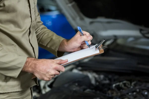 mechanic checking the service schedule